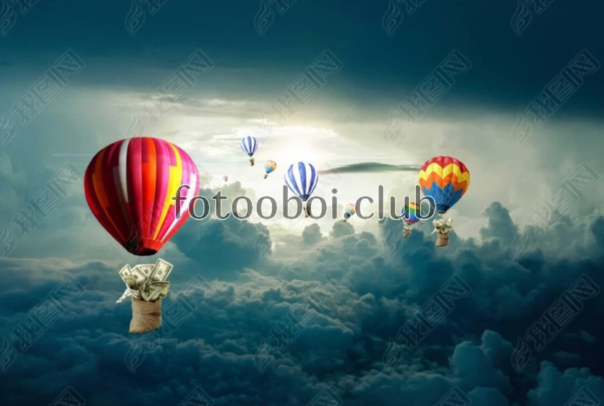 небо, облака, воздушные шары, 3д, 3d